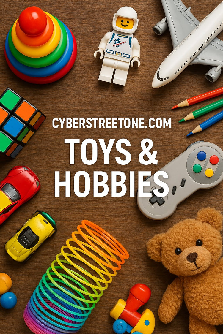 Colorful assortment of toys and hobby items including puzzles, craft kits, and collectible models