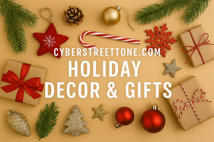 Festive holiday decor and gifts collection featuring seasonal ornaments, cozy home accents, and unique gift ideas from CyberStreetOne.com.
