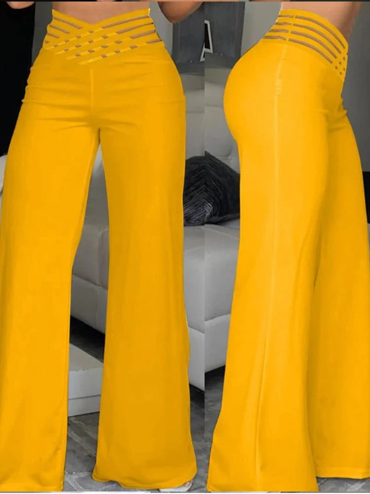 women’s high-waisted wide-leg flared pants with sheer mesh patchwork and crisscross waist detail yellow 2