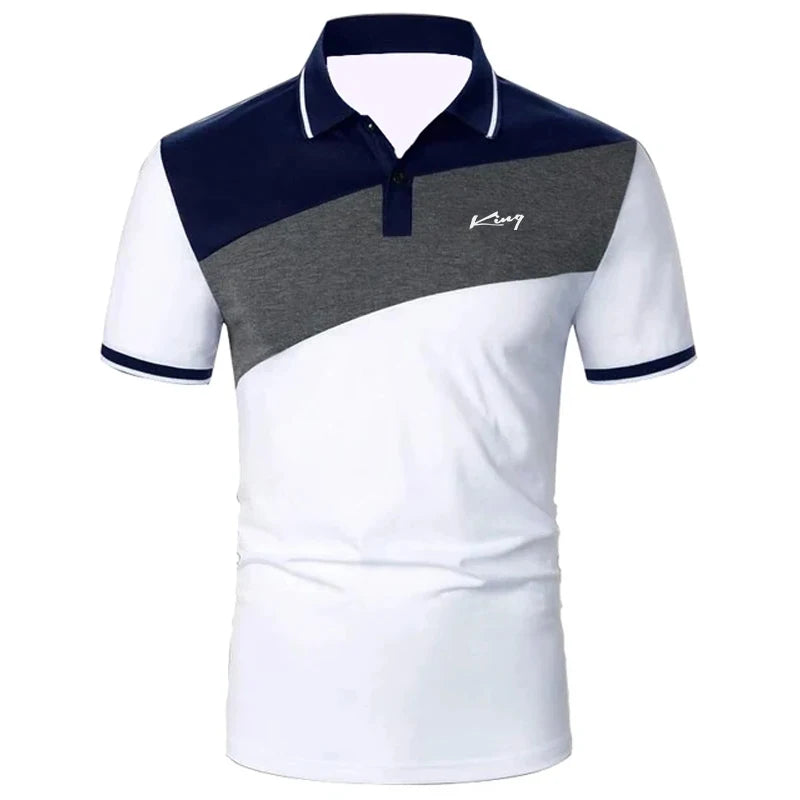 A men's polo shirt with a color block design, featuring a white collar, red, white, and blue colors, and short sleeves.