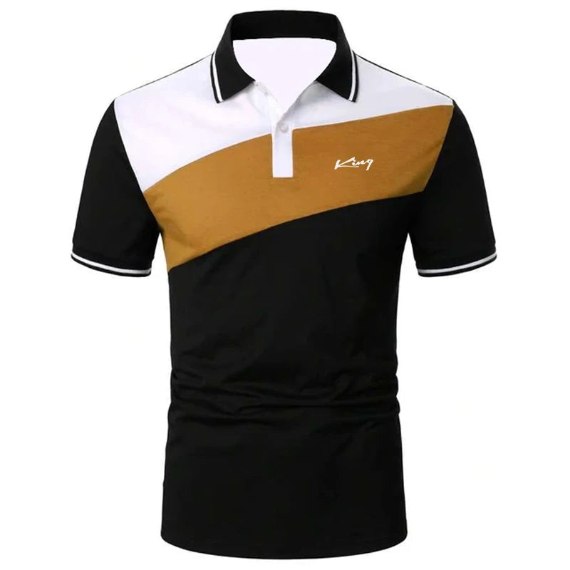 A men's polo shirt with a color block design, featuring a white collar, red, white, and blue colors, and short sleeves.