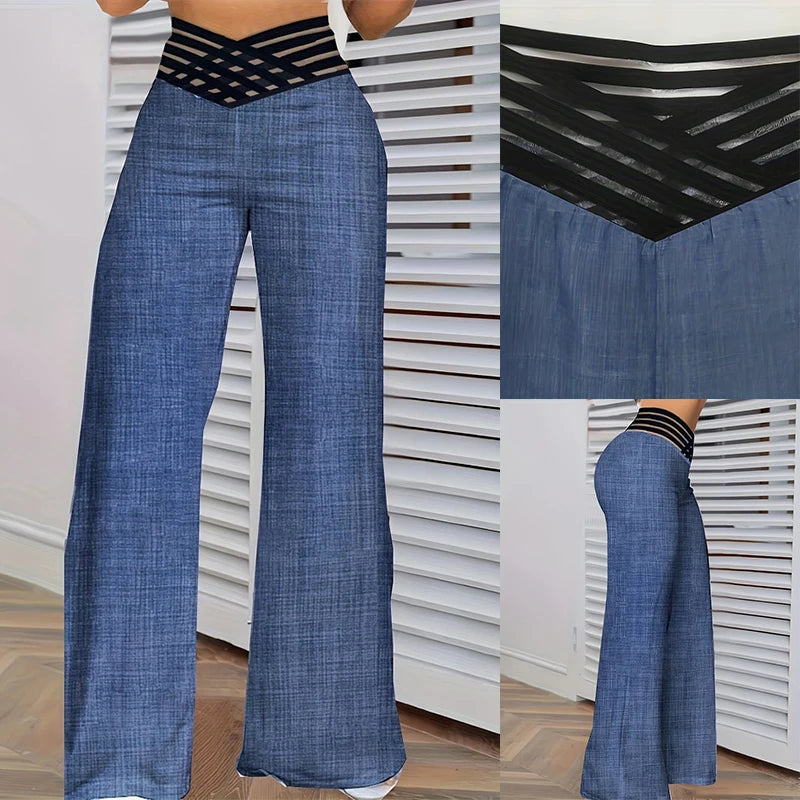women’s high-waisted wide-leg flared pants with sheer mesh patchwork and crisscross waist detail blue dime