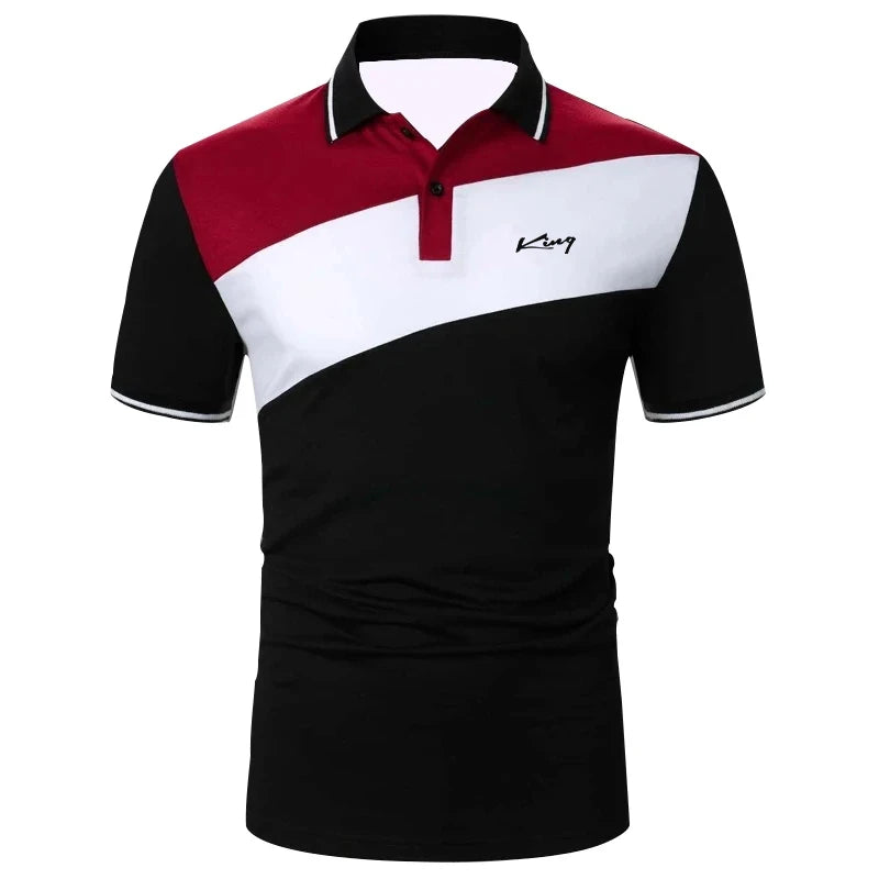 A men's polo shirt with a color block design, featuring a white collar, red, white, and blue colors, and short sleeves.