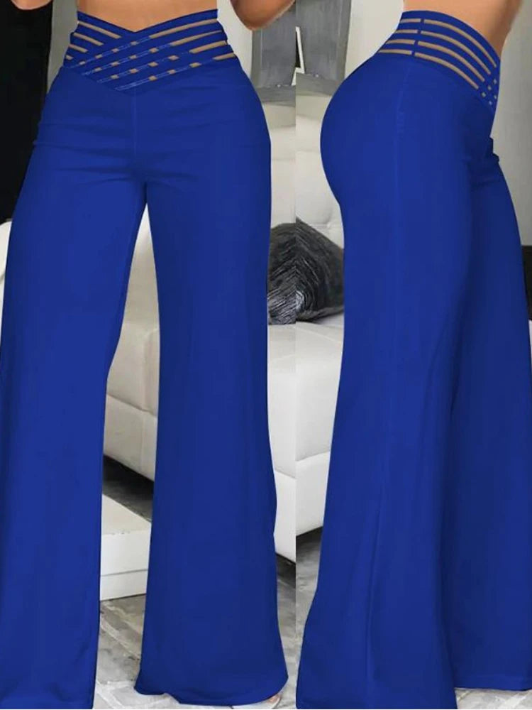 women’s high-waisted wide-leg flared pants with sheer mesh patchwork and crisscross waist detail blue 2