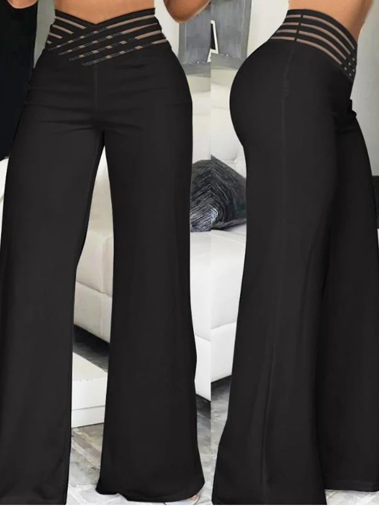 women’s high-waisted wide-leg flared pants with sheer mesh patchwork and crisscross waist detail black 2