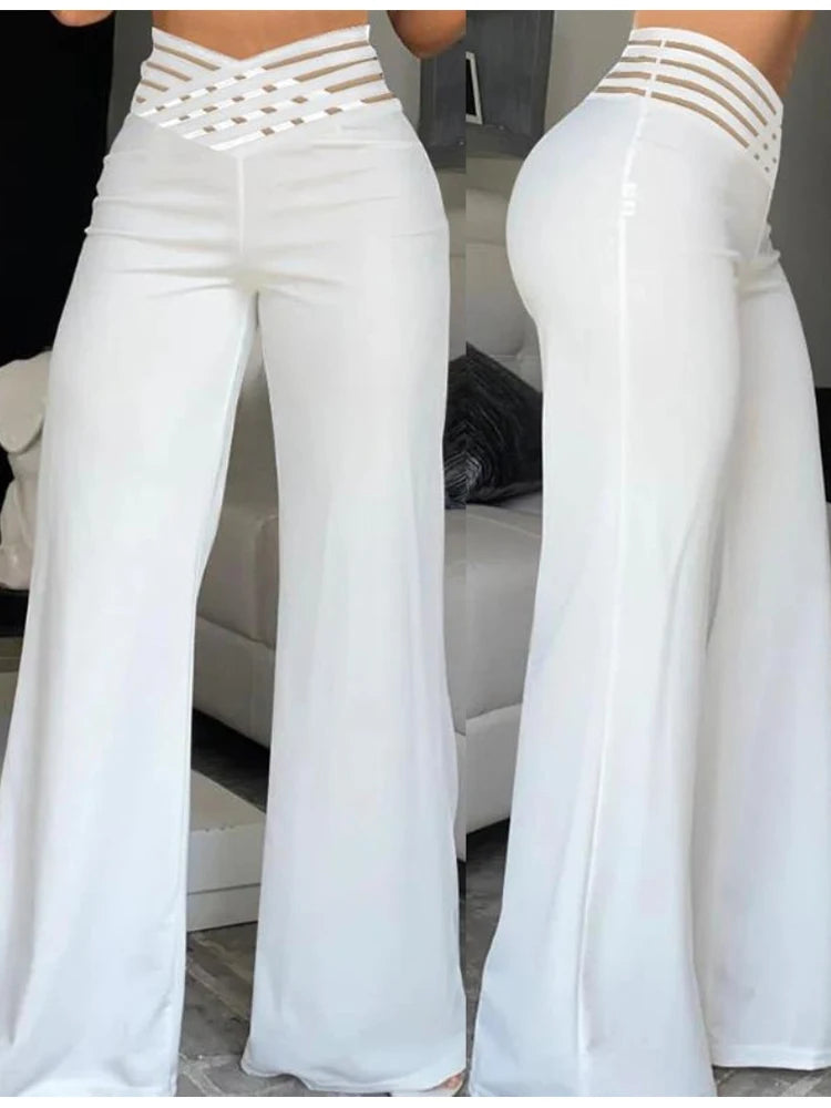 women’s high-waisted wide-leg flared pants with sheer mesh patchwork and crisscross waist detail white