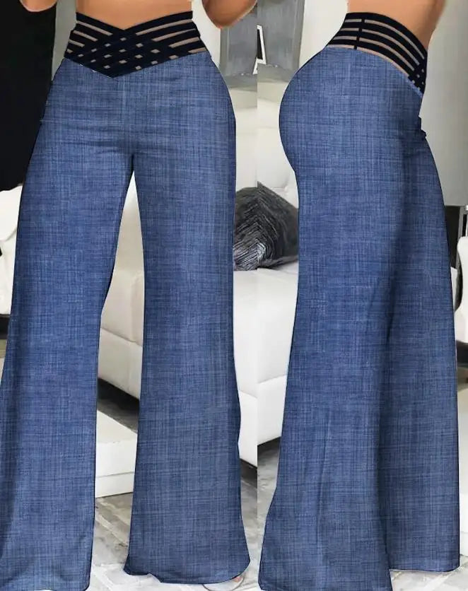 women’s high-waisted wide-leg flared pants with sheer mesh patchwork and crisscross waist detail blue L2