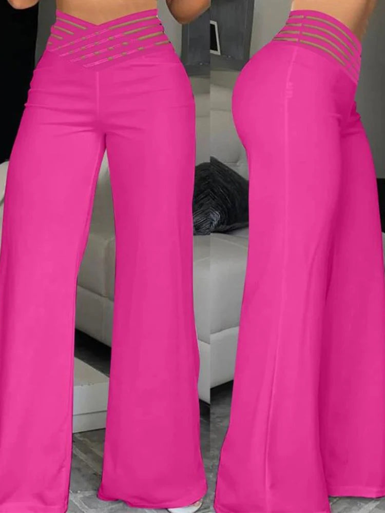 women’s high-waisted wide-leg flared pants with sheer mesh patchwork and crisscross waist detail pink