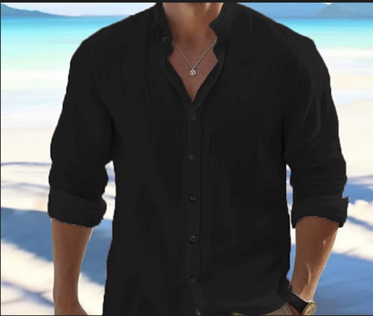 Cotton Linen Shirt – Casual Beach Style, Stand Collar, Plus Size