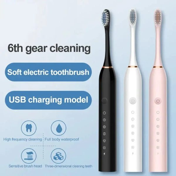 Electric ultrasonic toothbrush with six speed modes, USB charging, waterproof design, and soft bristles for adult dental care -set of 3