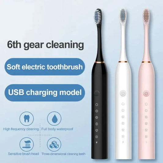 Electric ultrasonic toothbrush with six speed modes, USB charging, waterproof design, and soft bristles for adult dental care -set of 3