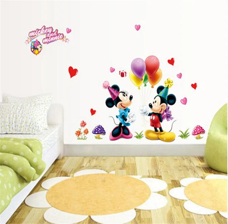 Wall decal of Mickey and Minnie Mouse with balloons in a room setting.