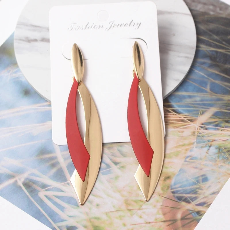 European Statement Geometric Leaf Drop Earrings - red