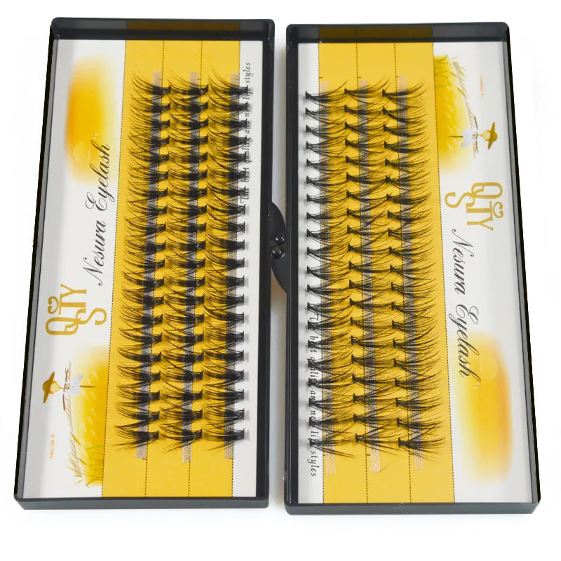 Two boxes of false eyelashes with yellow and white packaging on a white background