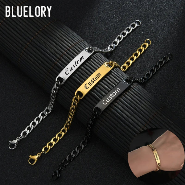 Bluelory Punk Custom Bracelet for Men and Women – Thick Stainless Steel Chain in Gold, Silver, and Black with Engraved Name- 1