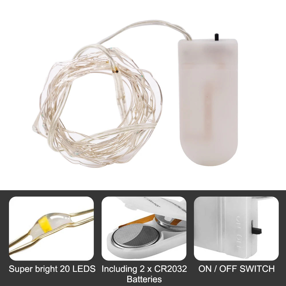 20 and 40 LED copper wire fairy lights glowing in warm white, battery operated for Christmas, wedding, and indoor decoration white