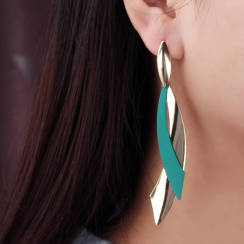 European Statement Geometric Leaf Drop Earrings - green
