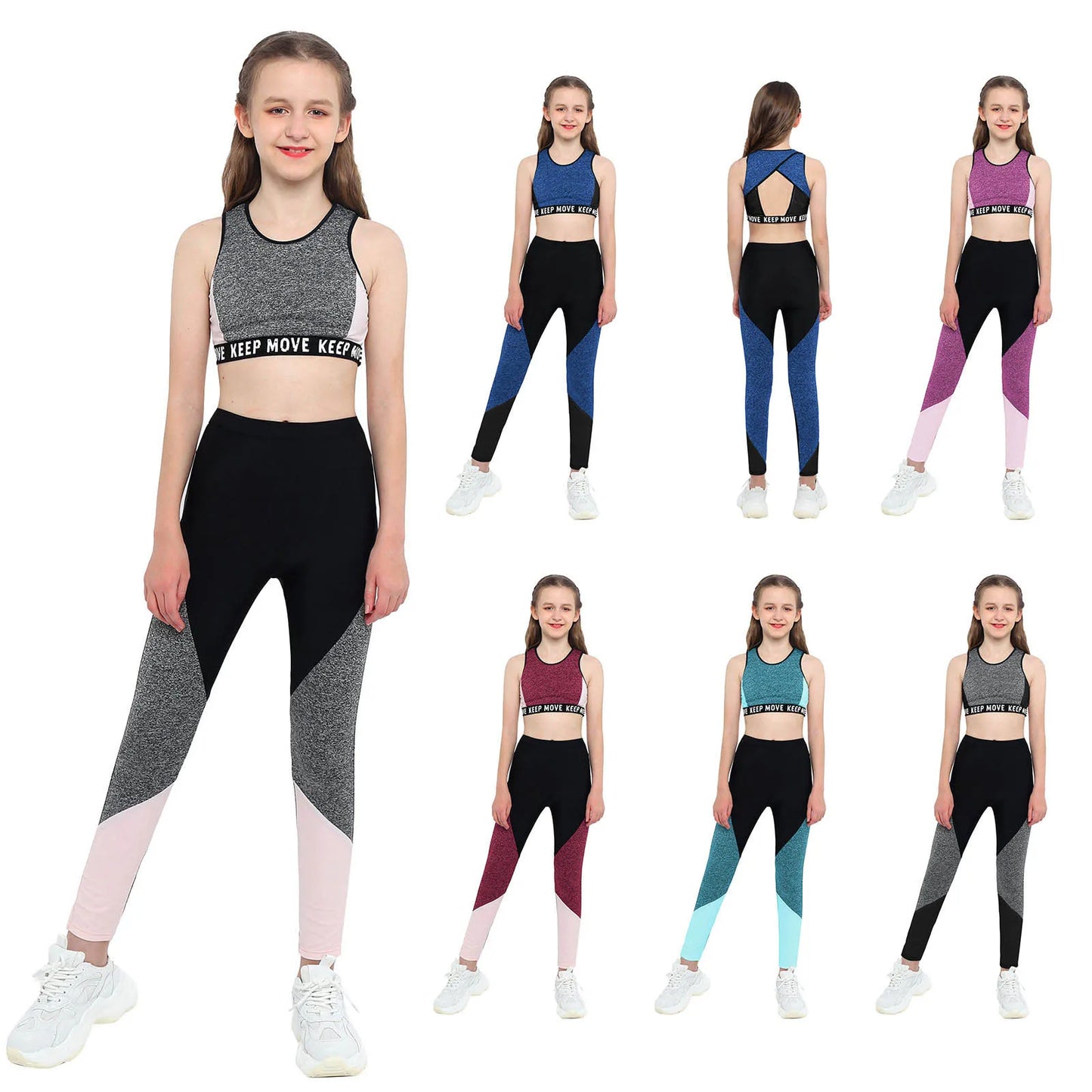 Girl modeling a sports outfit with various color variations on a white background