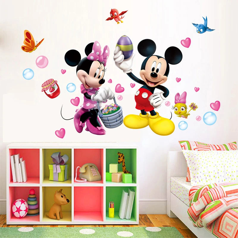 Mickey and Minnie Mouse wall decals in a child's room with colorful furniture and decor.