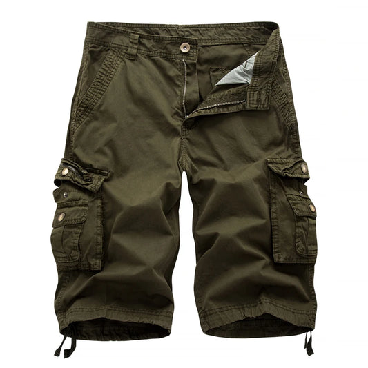 Olive green cargo shorts on a white background
