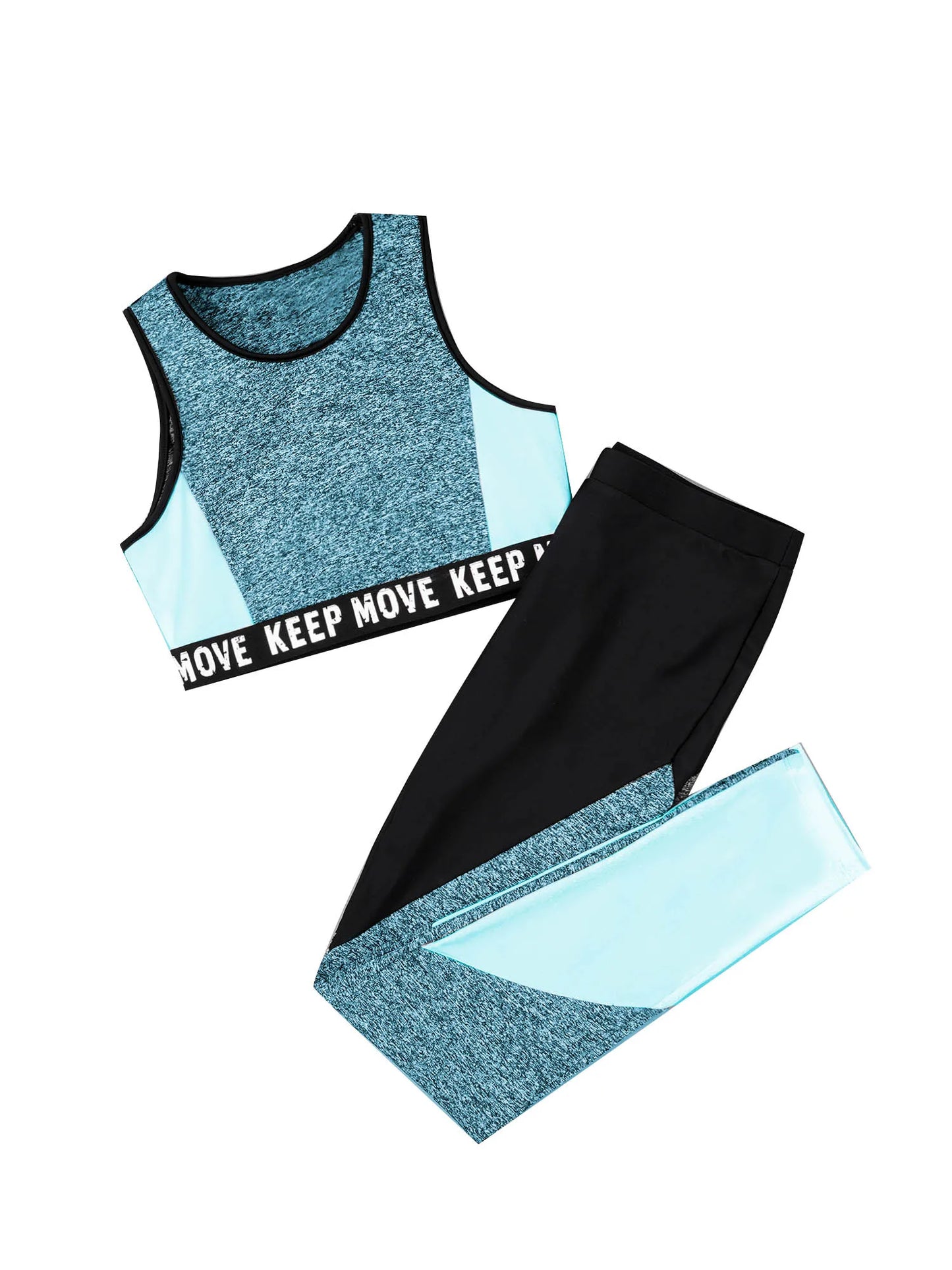 Athletic tank top, leggings, and towel with 'MOVE KEEP' text on a white background