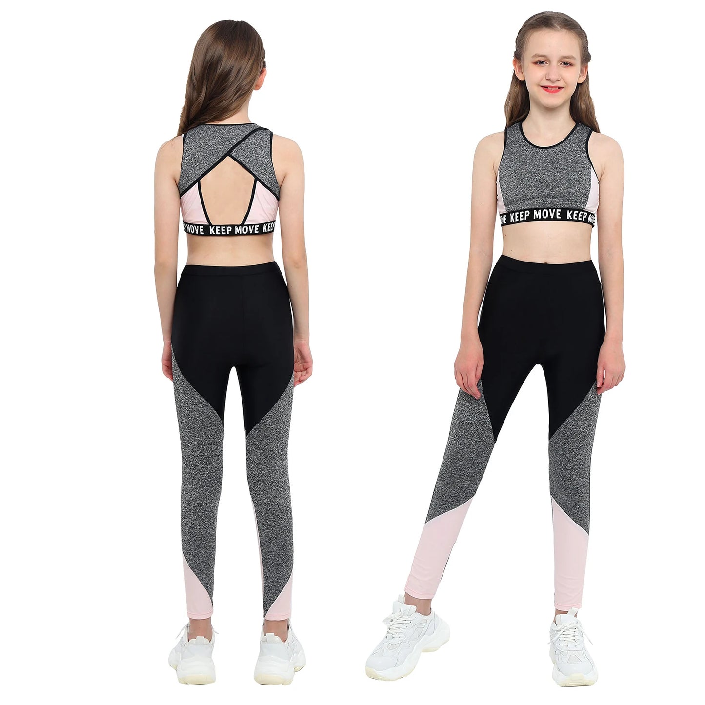 Two views of a person wearing a black and gray athletic outfit with pink accents on a white background.