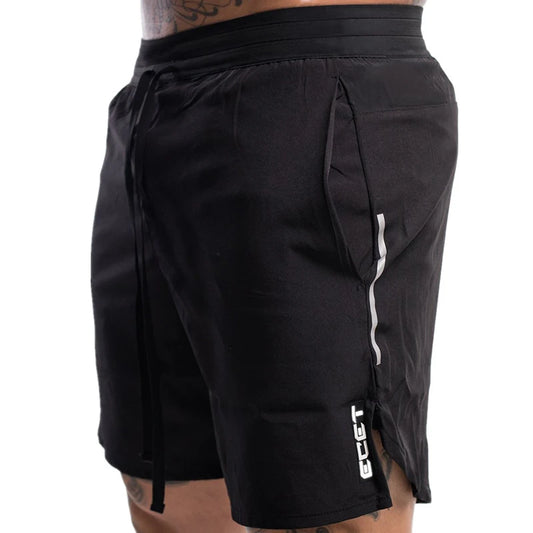 Black shorts with a brand logo on a white background