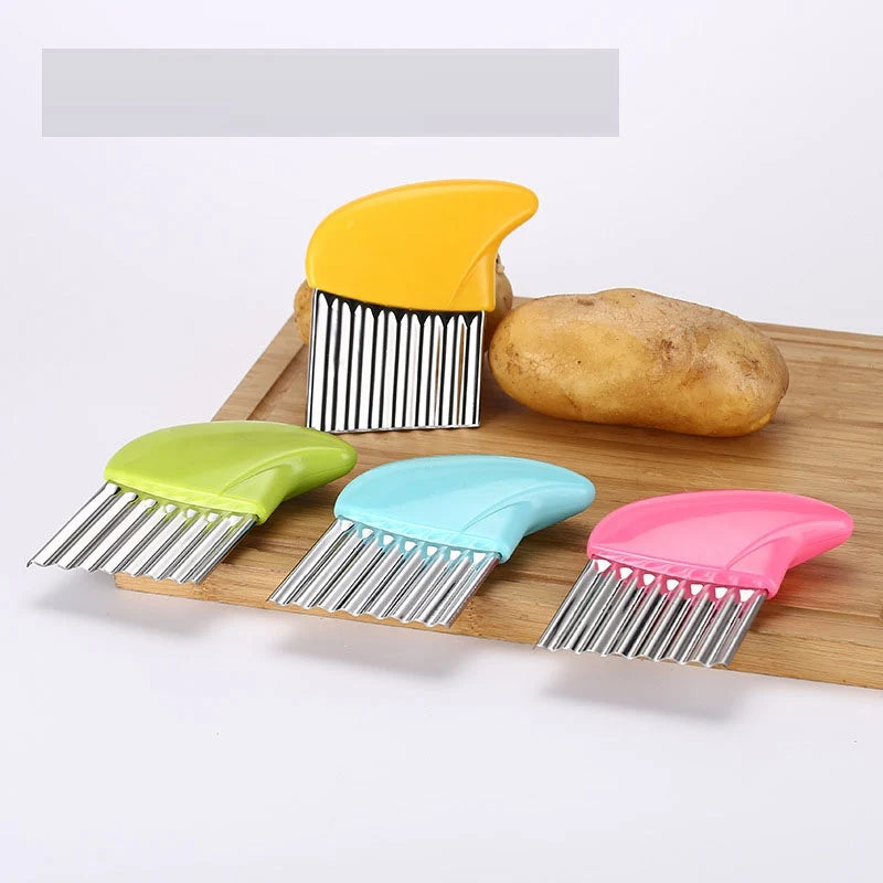 Stainless steel wavy potato cutter and French fry chopper kitchen tool for making crisp, uniform fries easily. 4 colors