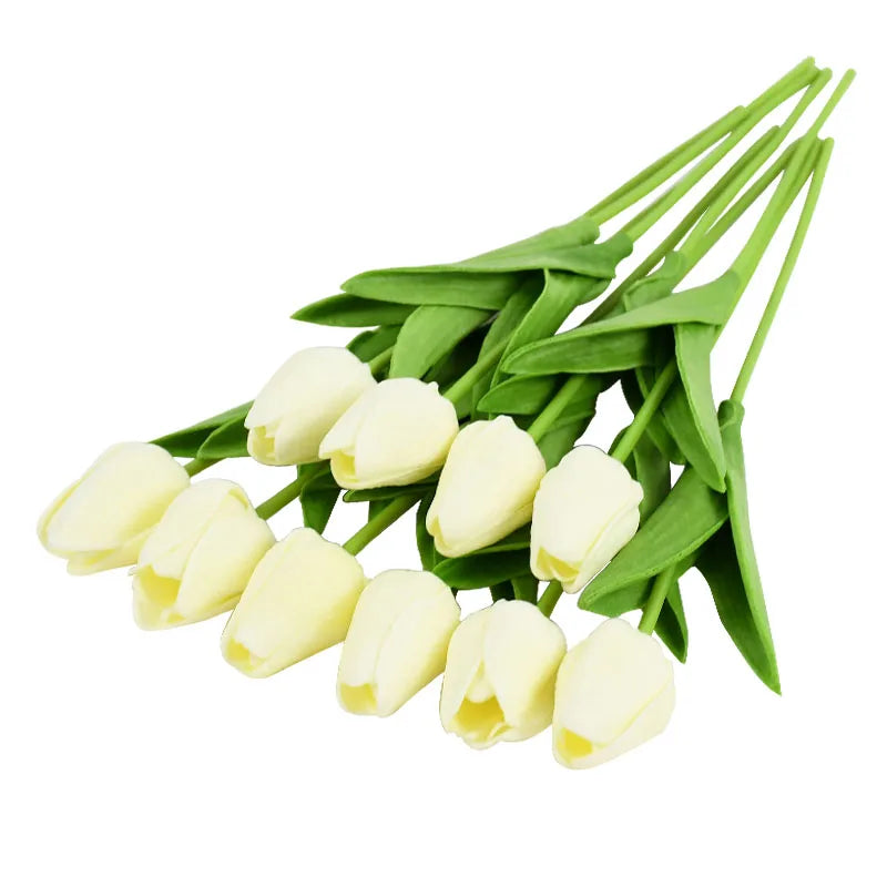 10PCS real touch artificial tulip flower bouquet for wedding, home, or garden decoration-light yellow