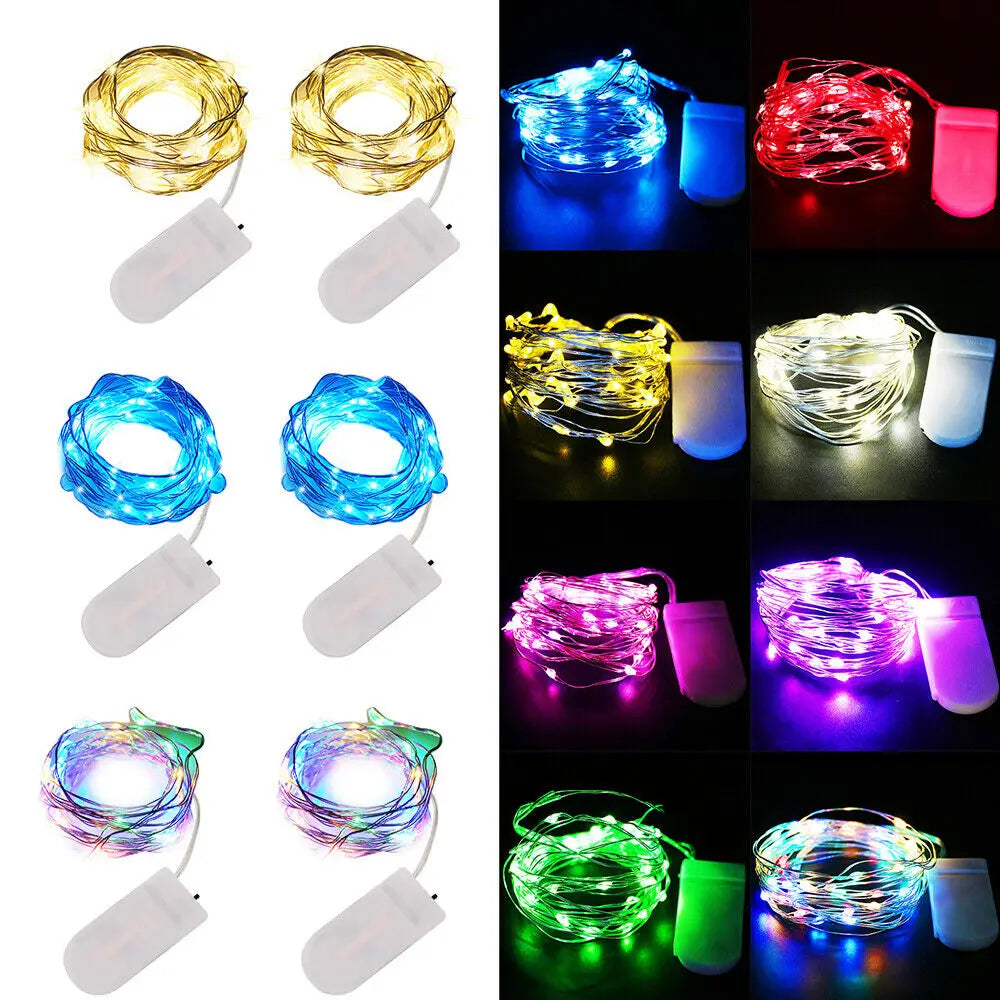 20 and 40 LED copper wire fairy lights glowing in warm white, battery operated for Christmas, wedding, and indoor decoration all colors