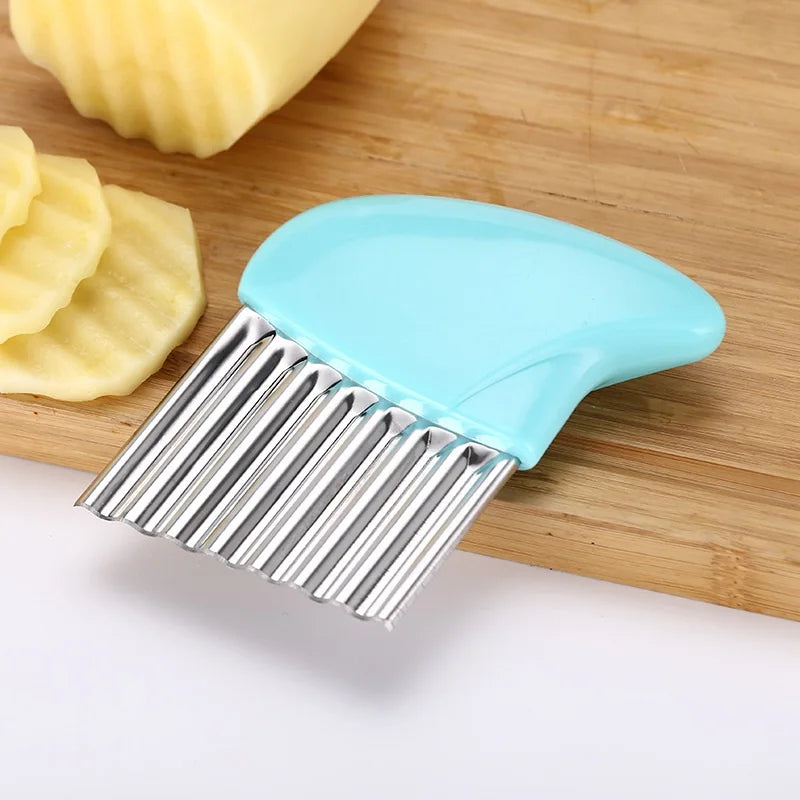 Stainless steel wavy potato cutter and French fry chopper kitchen tool for making crisp, uniform fries easily blue