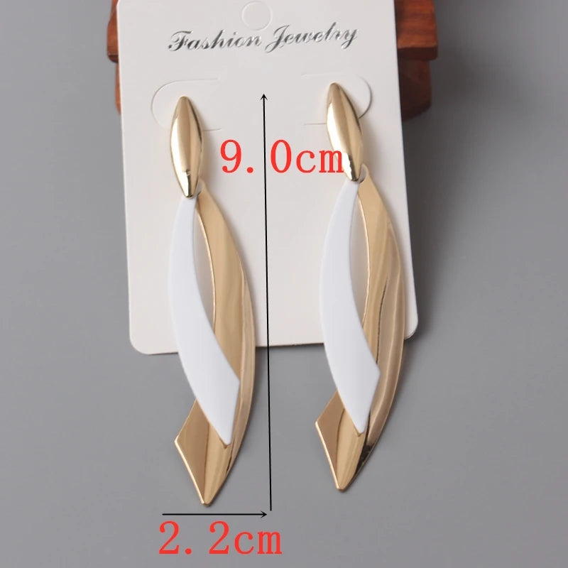 European Statement Geometric Leaf Drop Earrings - white2