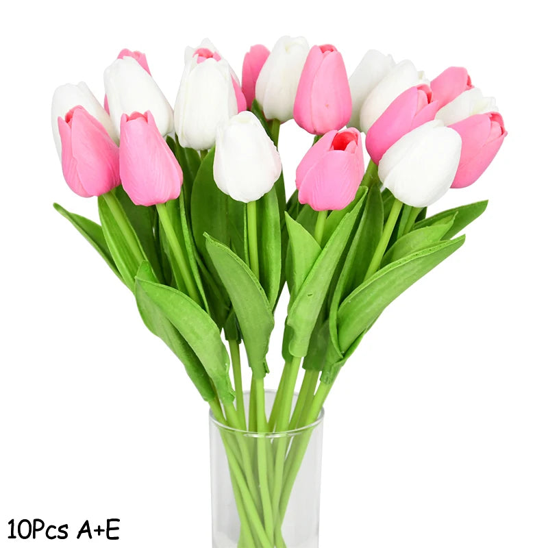 10PCS real touch artificial tulip flower bouquet for wedding, home, or garden decoration-pink and white