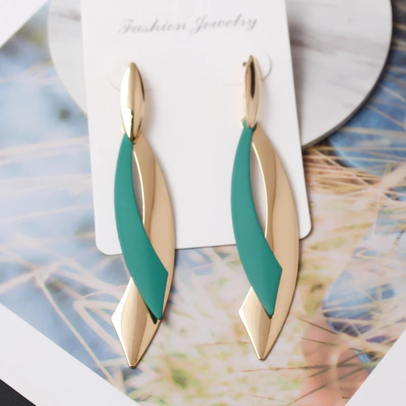 European Statement Geometric Leaf Drop Earrings - green 3