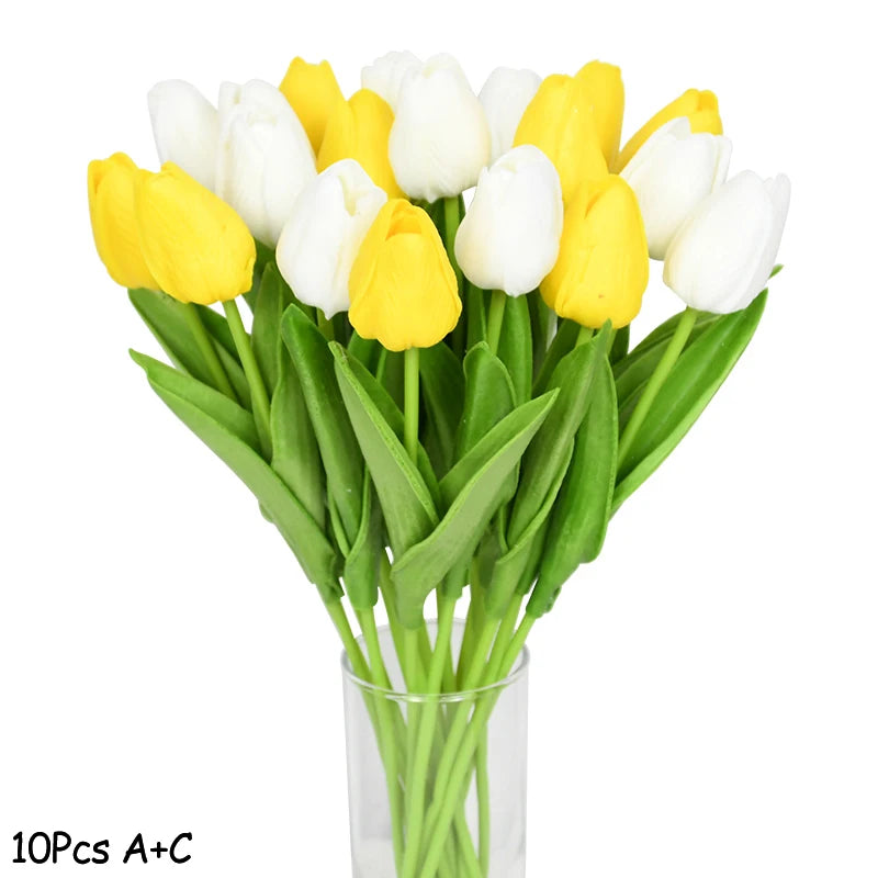 10PCS real touch artificial tulip flower bouquet for wedding, home, or garden decoration- yellow and white
