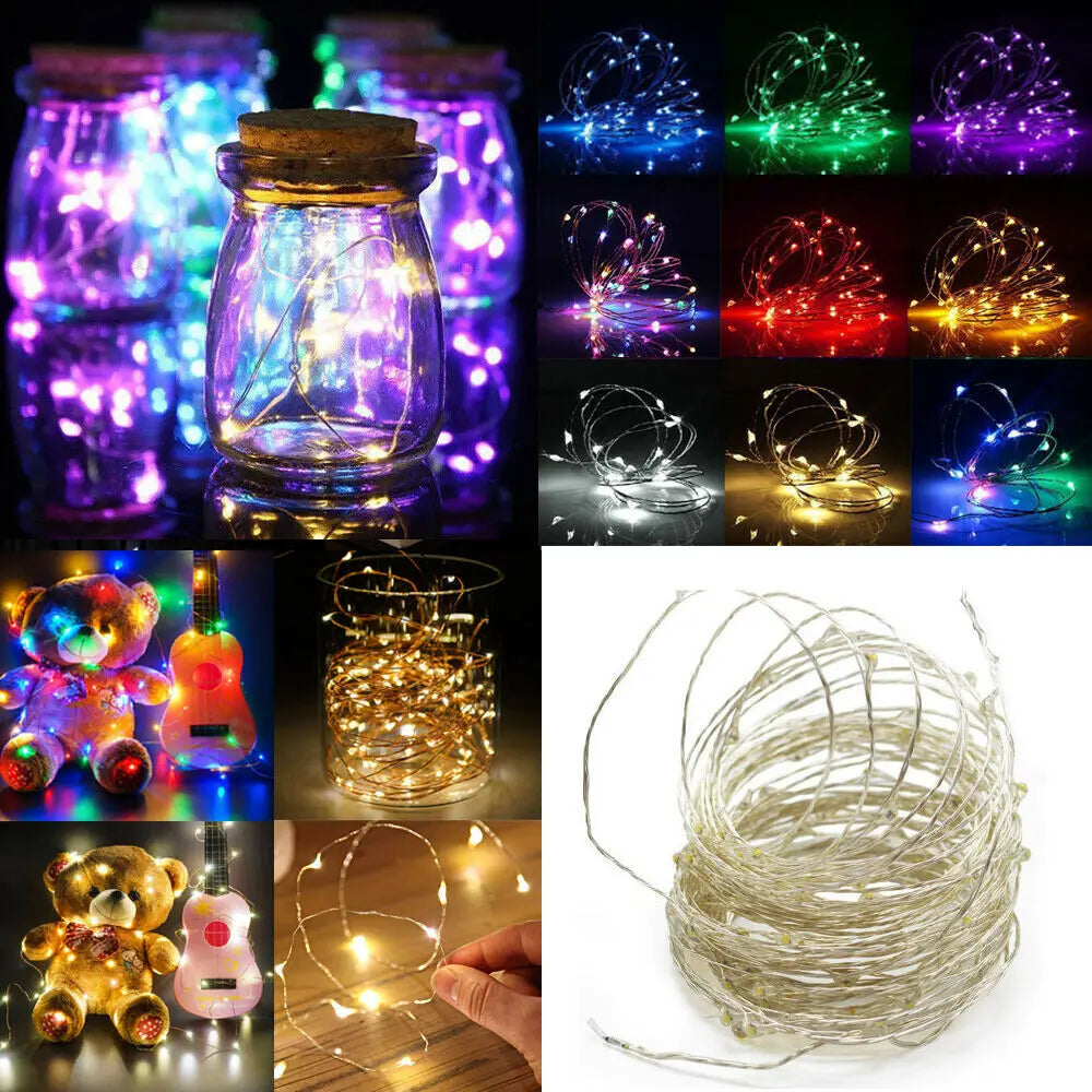 20 and 40 LED copper wire fairy lights glowing in warm white, battery operated for Christmas, wedding, and indoor decoration colors sample