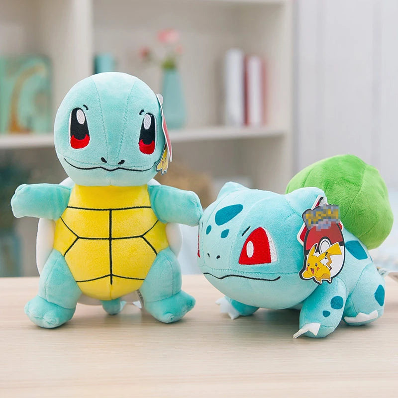 Cute Pokémon plush toys including Charmander, Squirtle, Bulbasaur, and Pikachu stuffed dolls – soft, kawaii style, perfect for kids and collectors -blue
