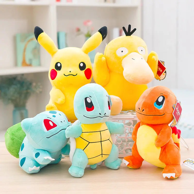 Cute Pokémon plush toys including Charmander, Squirtle, Bulbasaur, and Pikachu stuffed dolls – soft, kawaii style, perfect for kids and collectors -multi-01