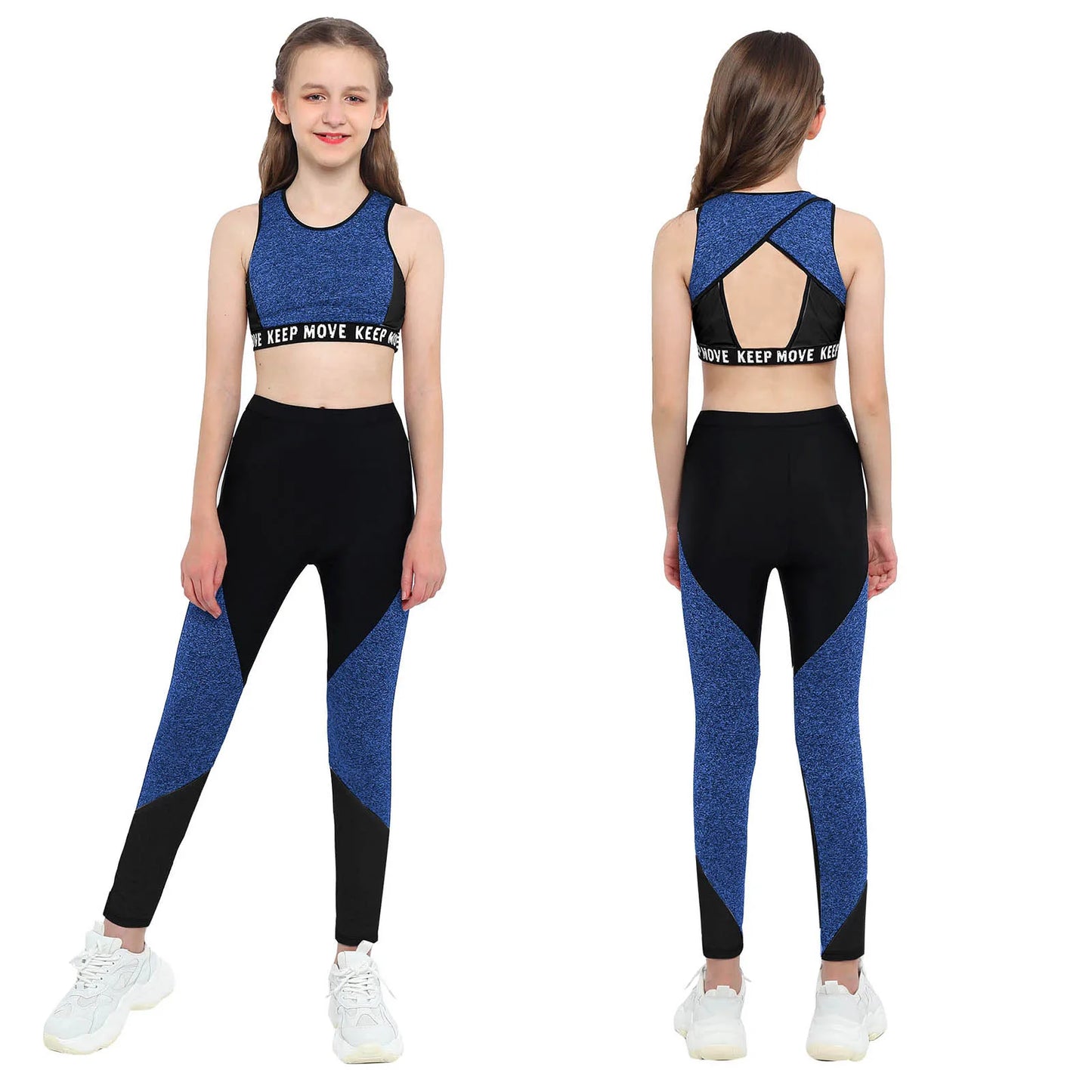 Girl wearing a blue and black sports outfit with 'KEEP MOVING' text, front and back views.