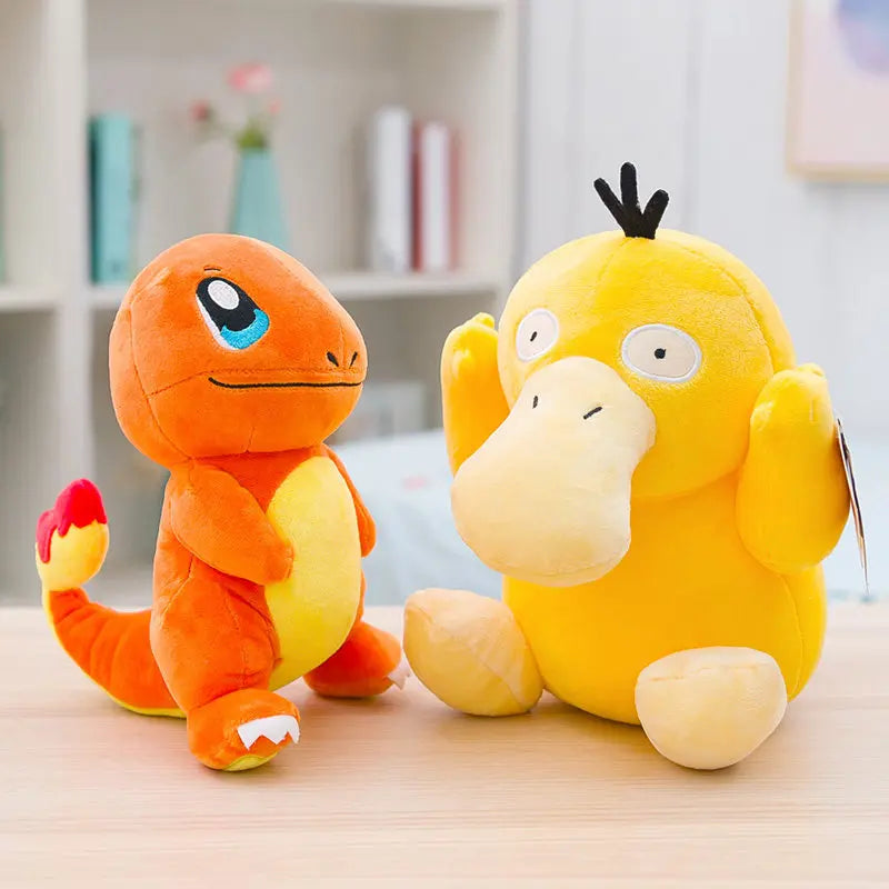 Cute Pokémon plush toys including Charmander, Squirtle, Bulbasaur, and Pikachu stuffed dolls – soft, kawaii style, perfect for kids and collectors -yellow orange