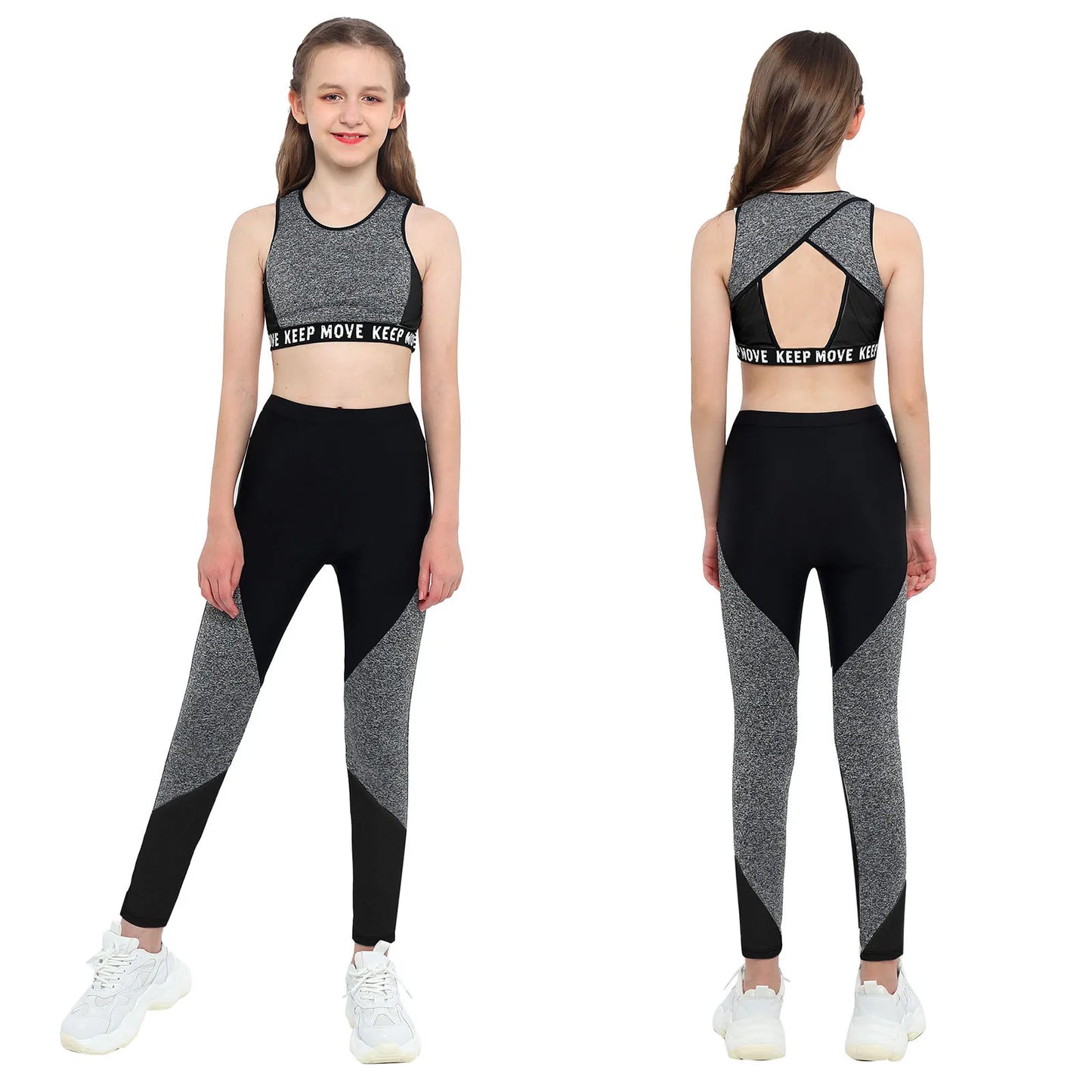 Girl wearing a black and gray athletic outfit with 'KEEP MOVING' text, front and back views.