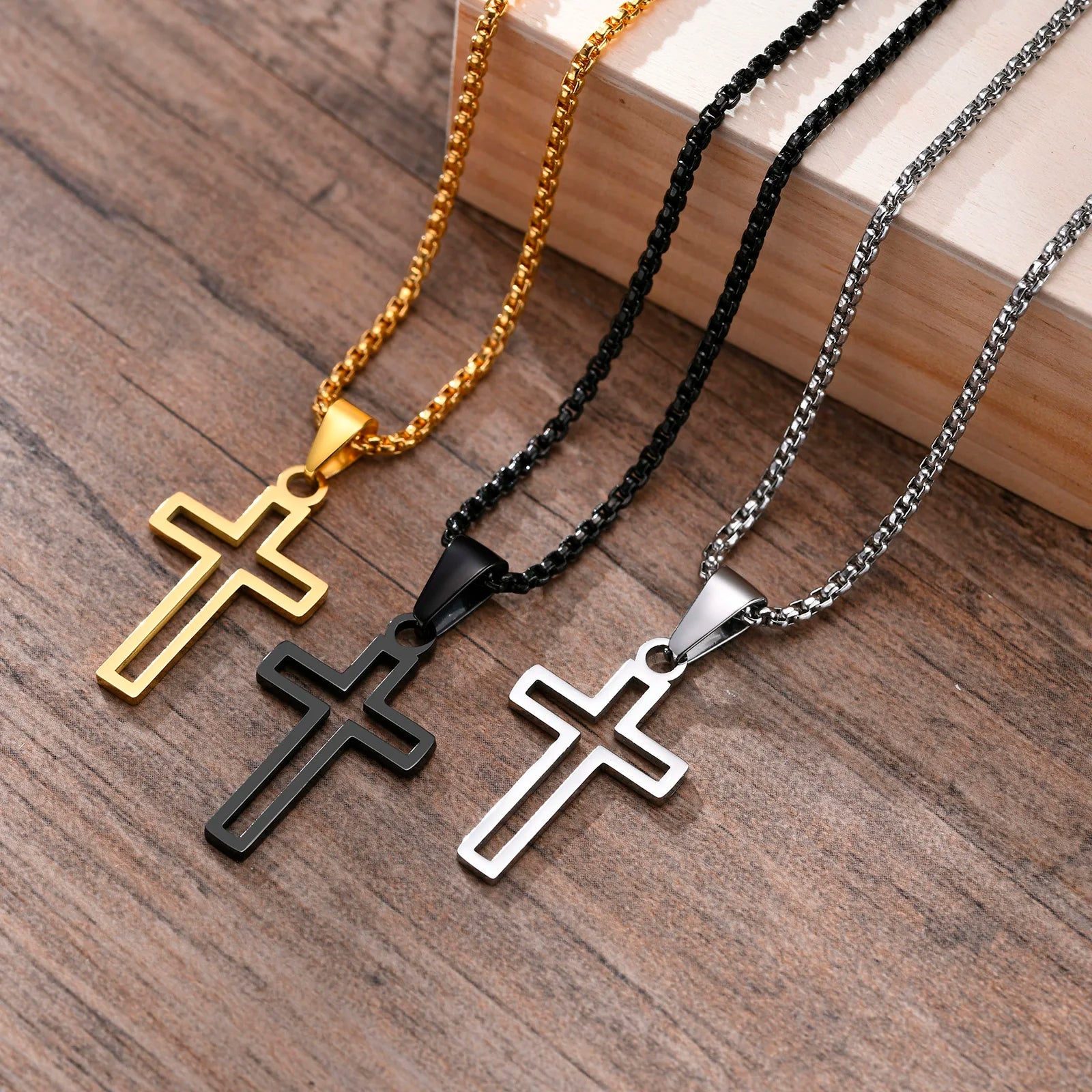 Mens Cutout Cross Necklaces. - gold black silver