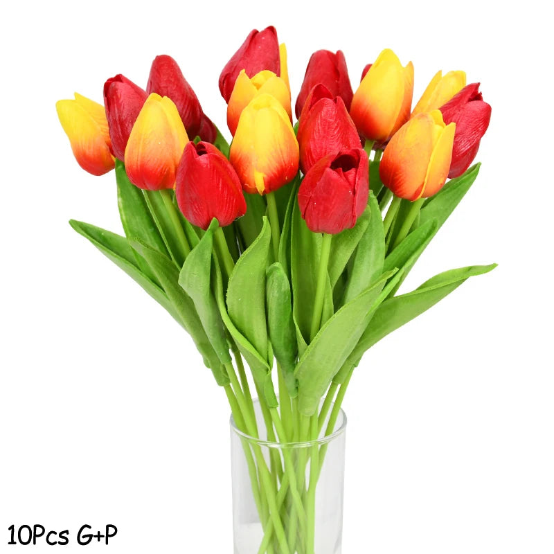 10PCS real touch artificial tulip flower bouquet for wedding, home, or garden decoration-dark red and yellow