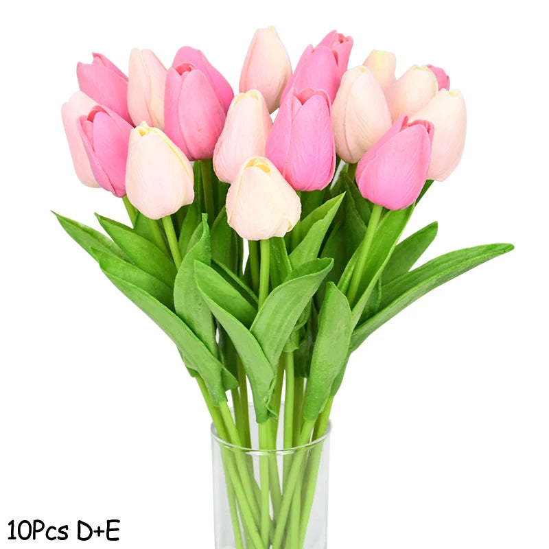10PCS real touch artificial tulip flower bouquet for wedding, home, or garden decoration-pink and L pink