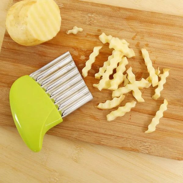 Stainless steel wavy potato cutter and French fry chopper kitchen tool for making crisp, uniform fries easily-002
