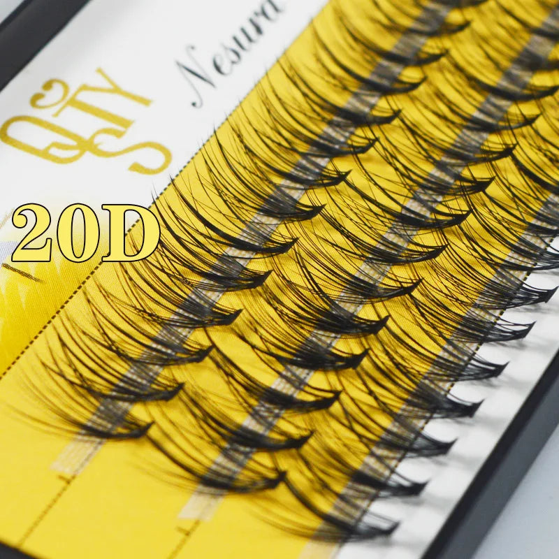 Eyelash extensions with a yellow label and '20D' text on a white background