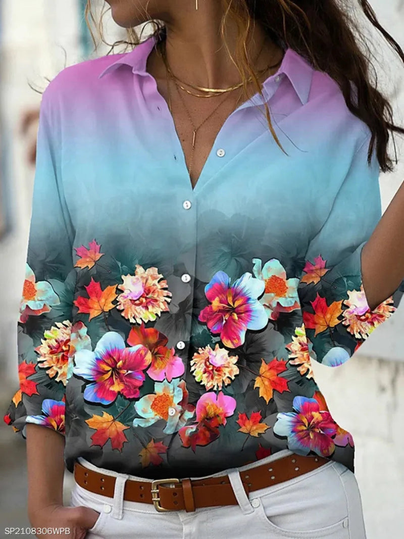Woman wearing a colorful floral shirt with a gradient effect