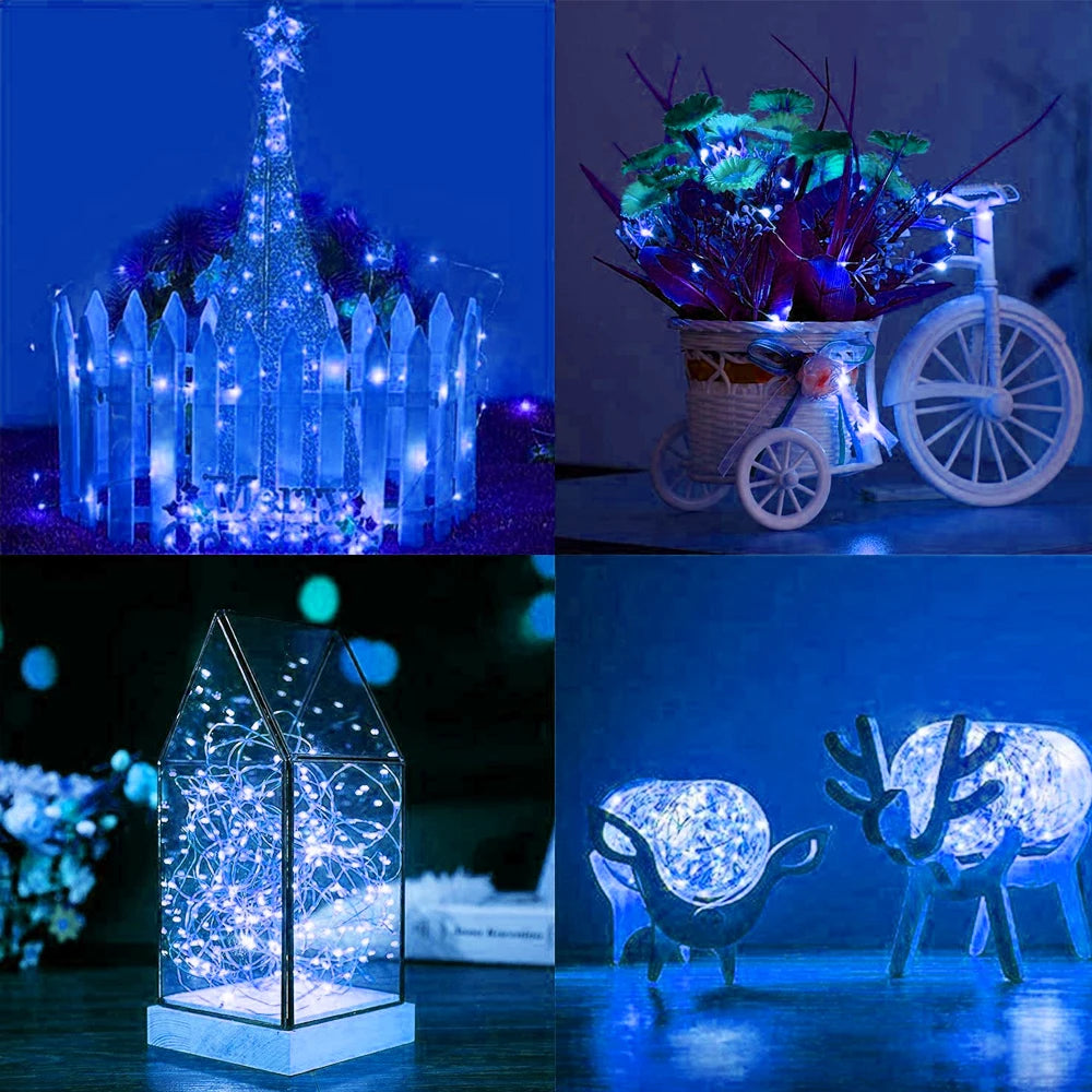 20 and 40 LED copper wire fairy lights glowing in warm white, battery operated for Christmas, wedding, and indoor decoration white color samples