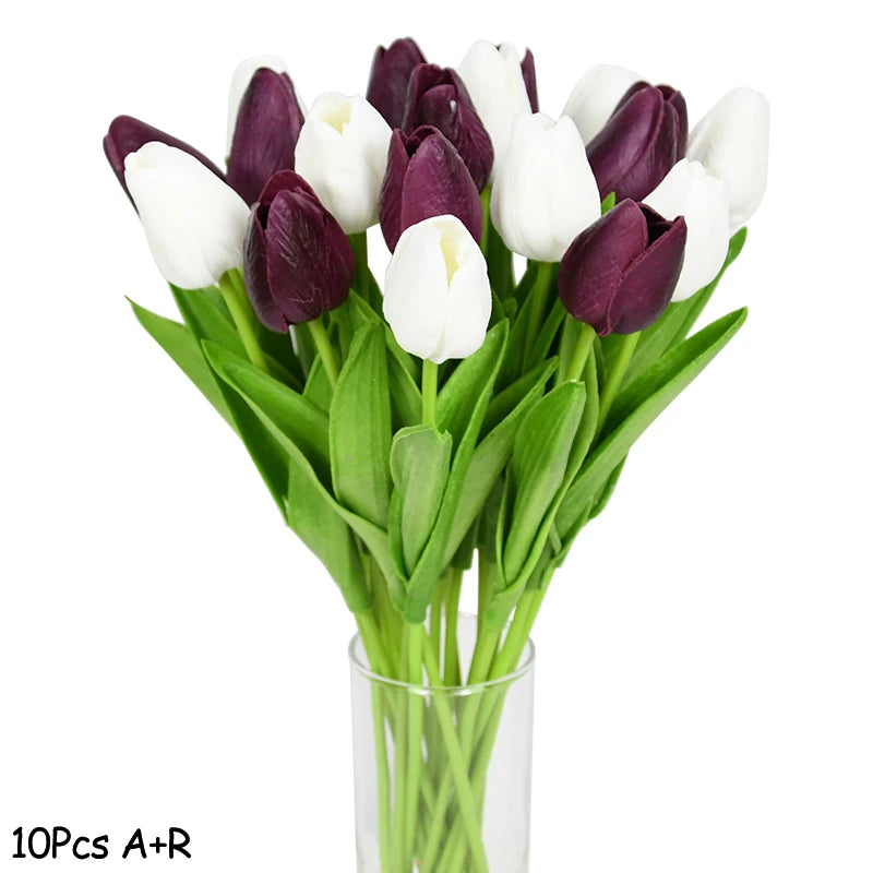 10PCS real touch artificial tulip flower bouquet for wedding, home, or garden decoration-wine white