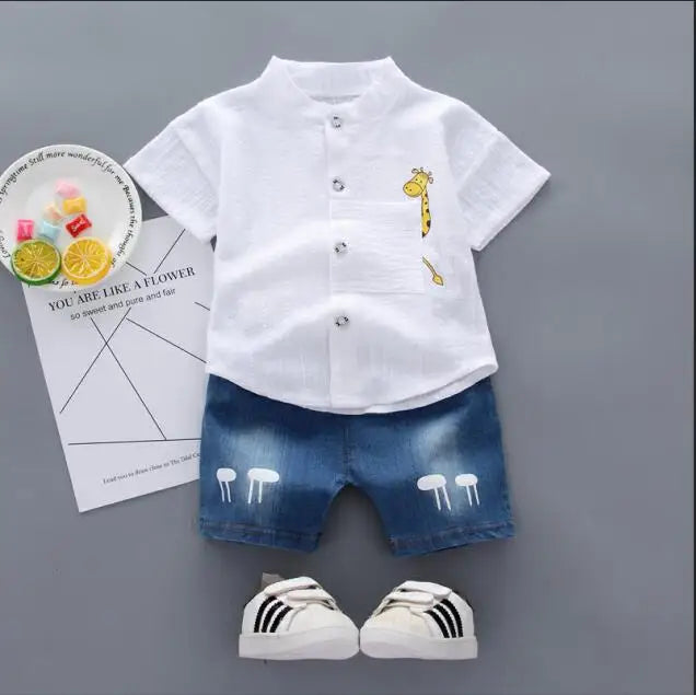 Toddler Boys Summer Outfit | Cartoon Shirt & Denim Shorts Set